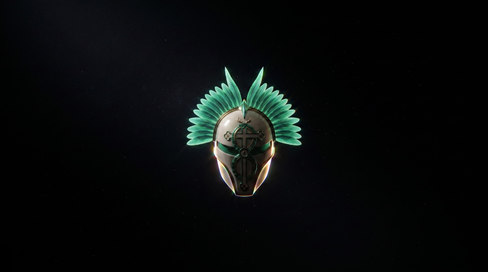 A bone white mask with a jade feathered headdress floating in the void